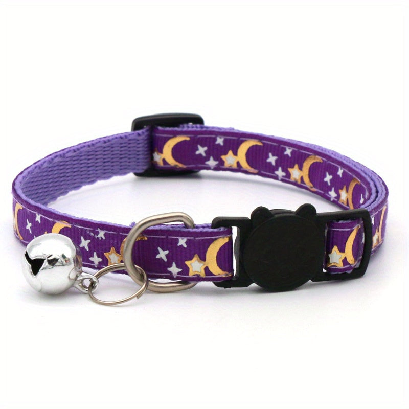 Adjustable Star & Moon Pattern Pet Collar with Bell - Breakaway Safety Feature for Cats and Dogs