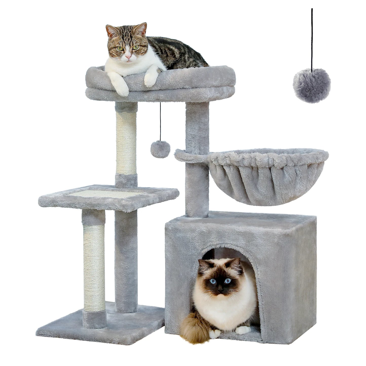 Gray or Beige Plush Cat Tree Tower | Hammock and Toy