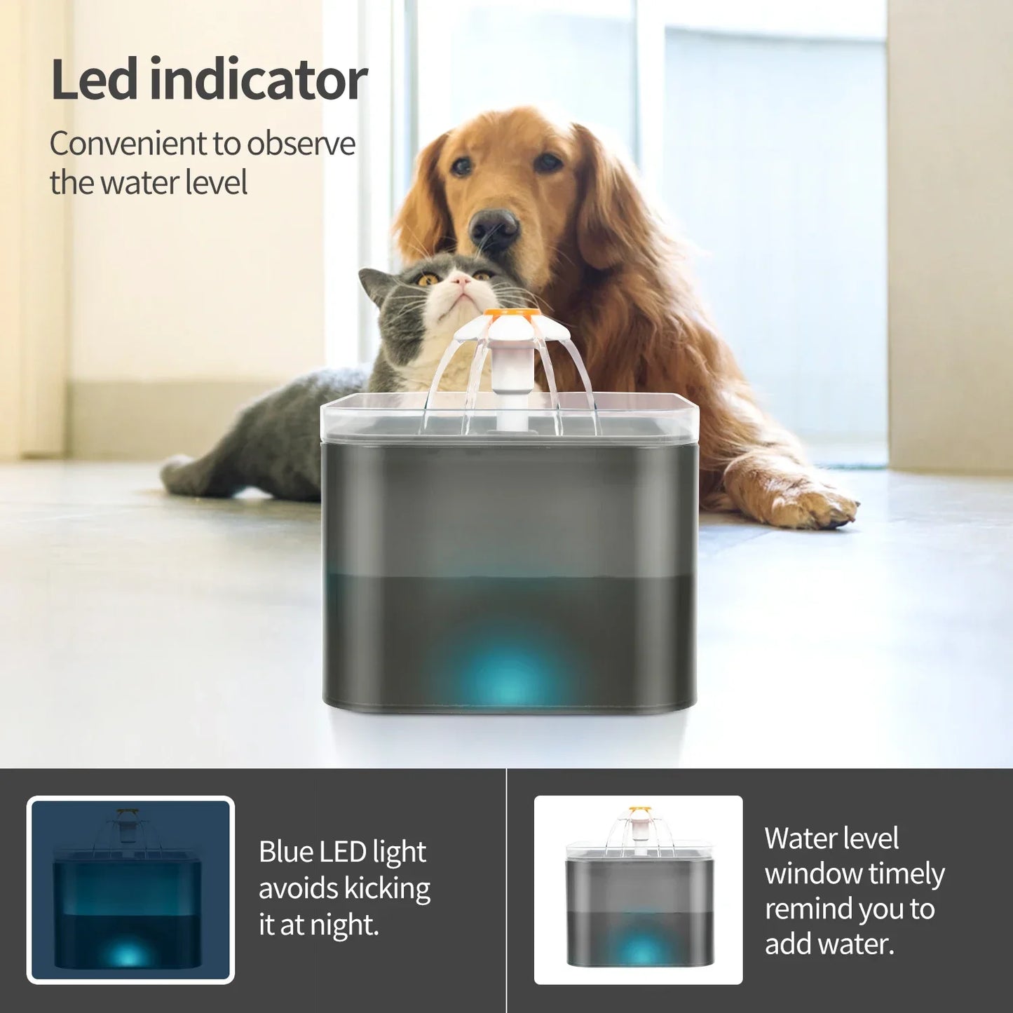 Pet Water Fountain 67oz/2L with LED Light | Blue or Grey