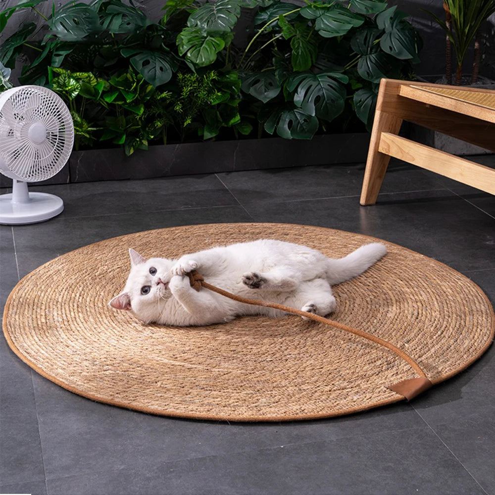 Natural Eco-Friendly Cat Scratcher Rattan Mat w/Attached Ball