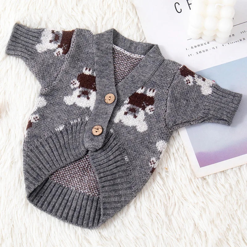 Handsome Teddy Bear Knit Dog or Cat Sweater for Cozy Winter Fireside & Pictures | Grey Red Brown