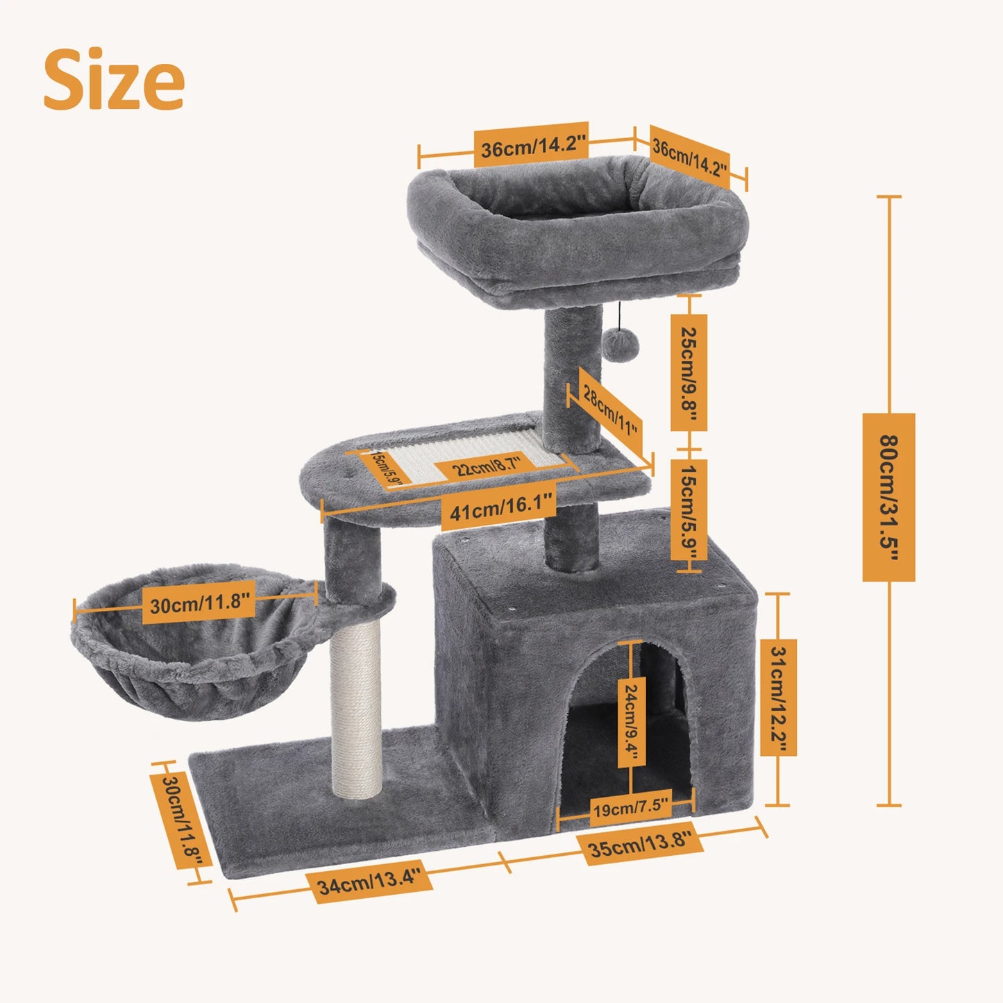 Gray or Beige Plush Cat Tree Tower | Hammock and Toy
