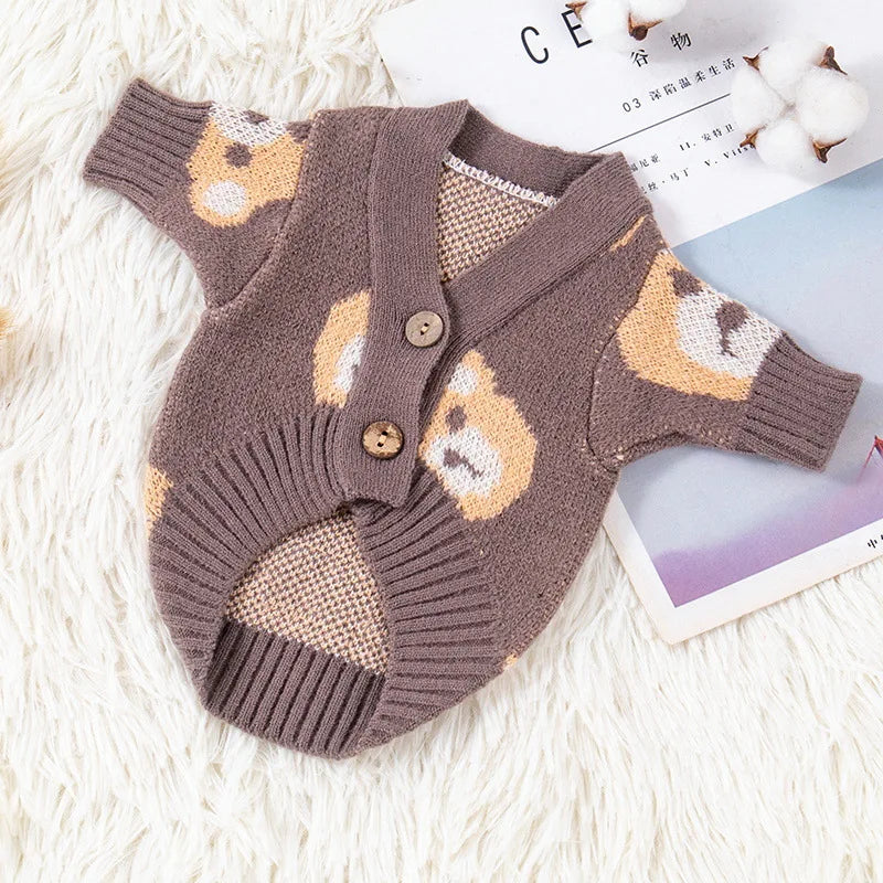 Handsome Teddy Bear Knit Dog or Cat Sweater for Cozy Winter Fireside & Pictures | Grey Red Brown
