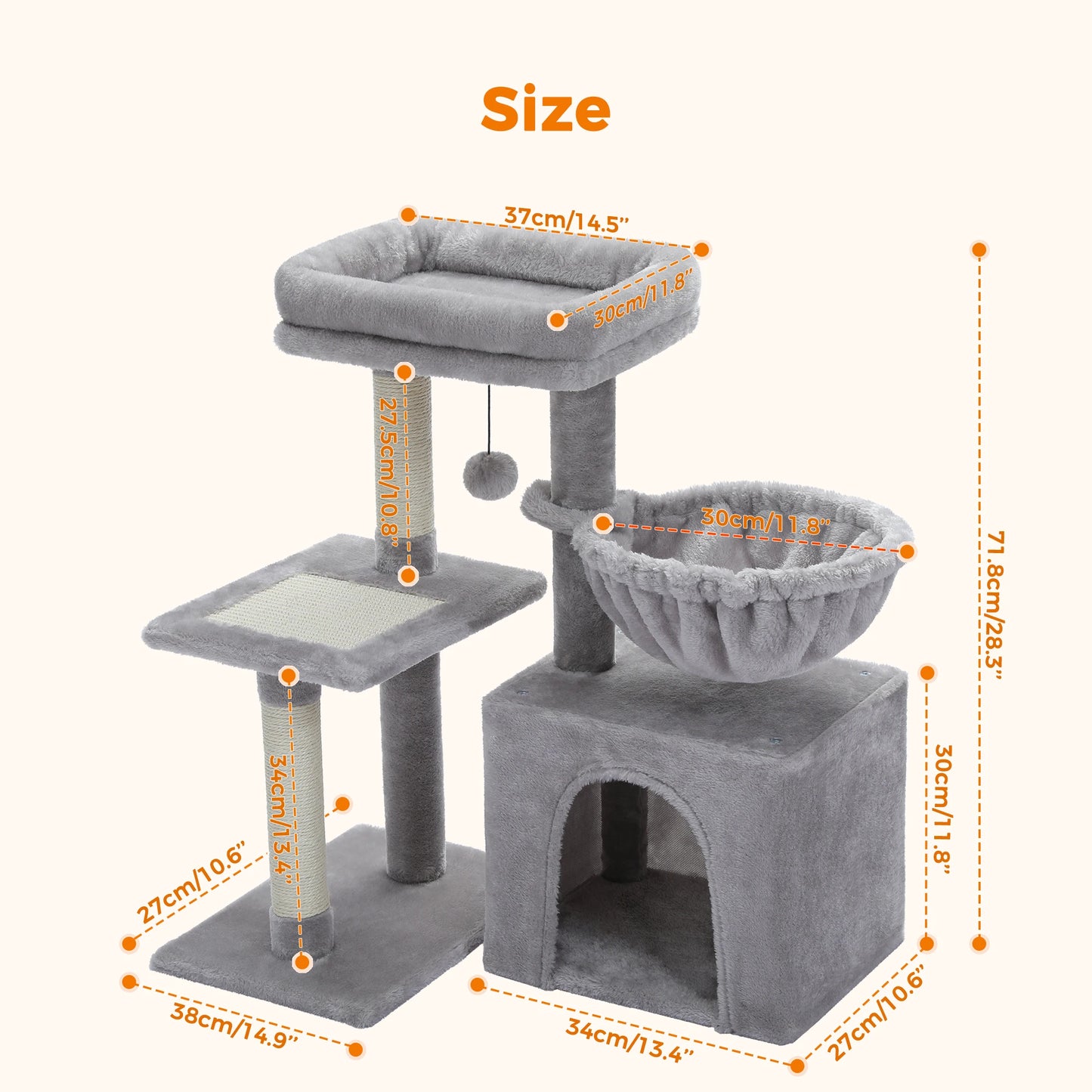 Gray or Beige Plush Cat Tree Tower | Hammock and Toy