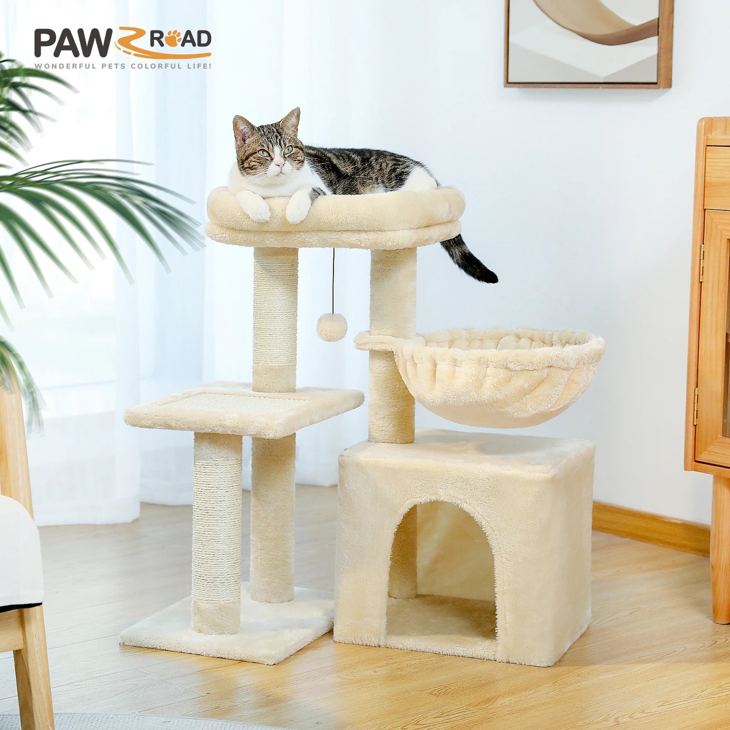 Gray or Beige Plush Cat Tree Tower | Hammock and Toy