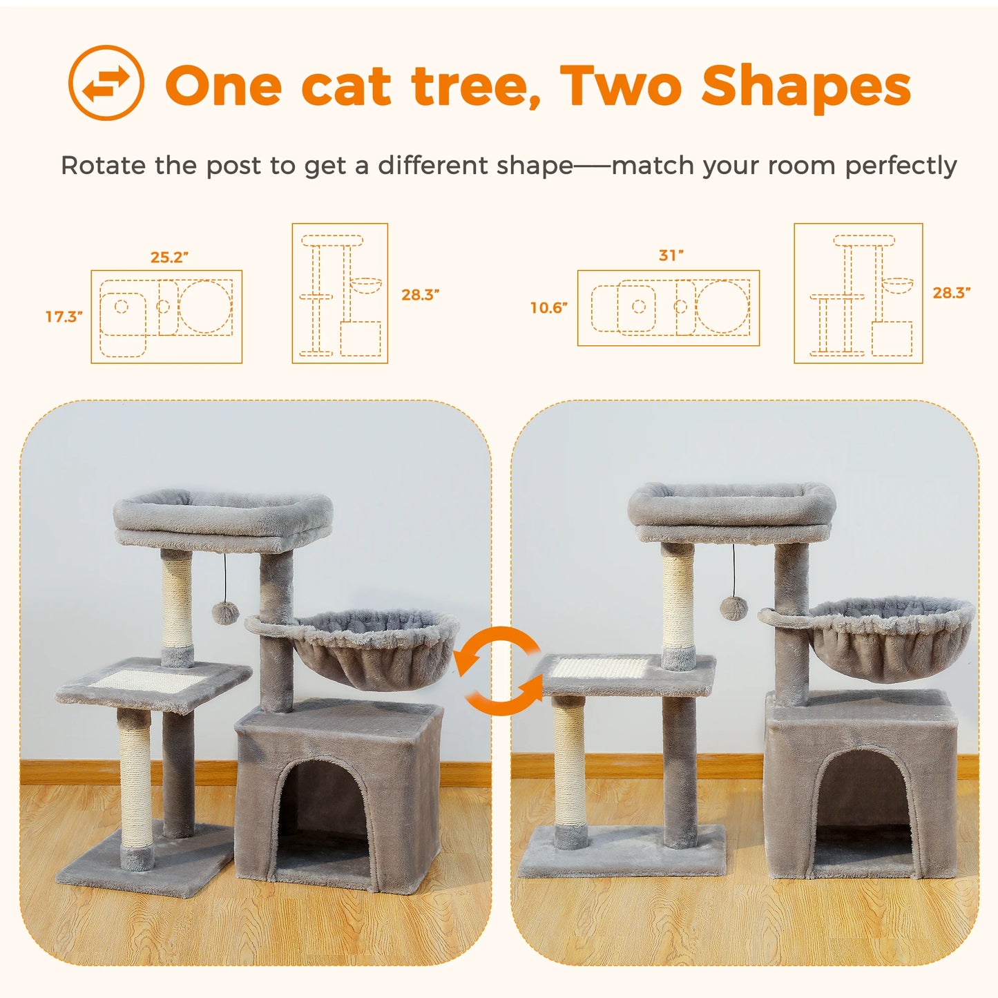 Gray or Beige Plush Cat Tree Tower | Hammock and Toy