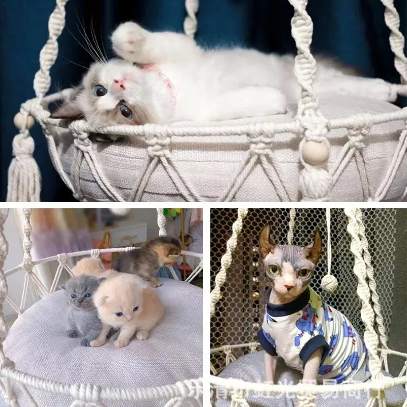 Pet Hammock | Cat Swing | Hand Woven Cotton Rope Hanging Basket