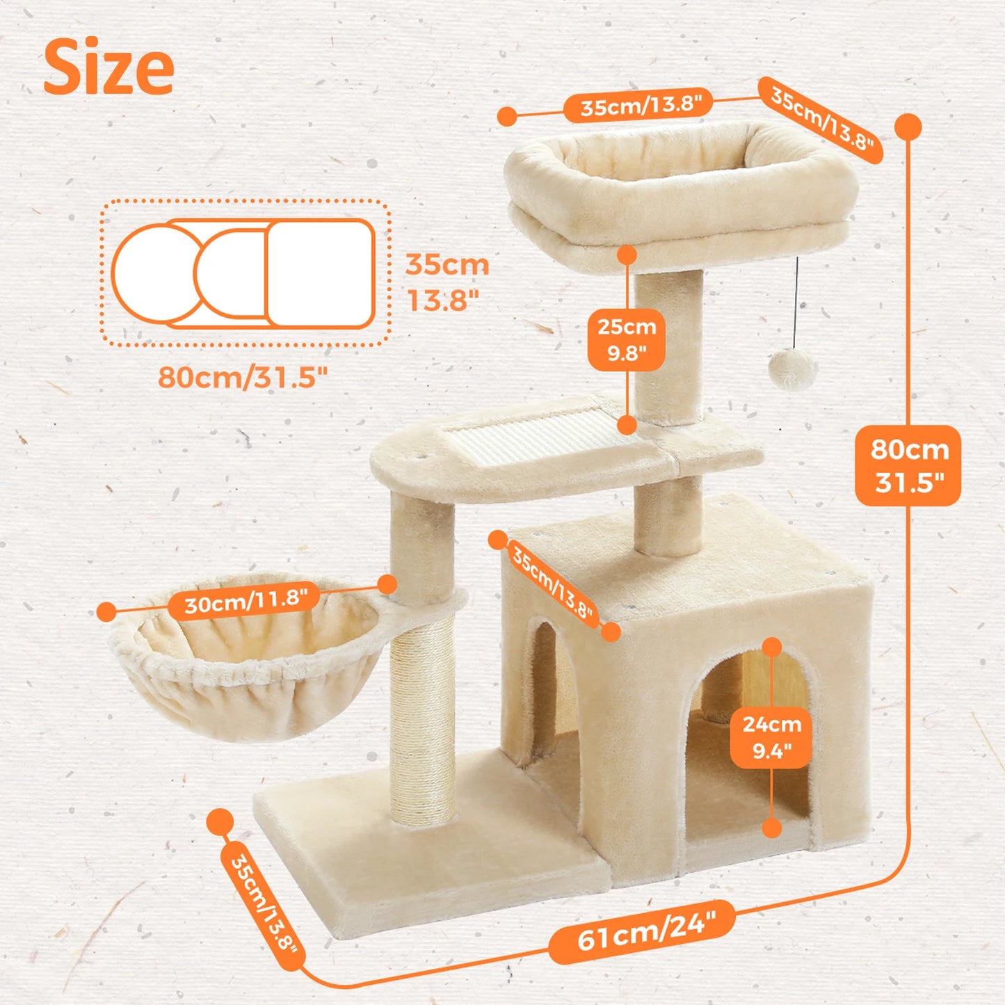 Gray or Beige Plush Cat Tree Tower | Hammock and Toy