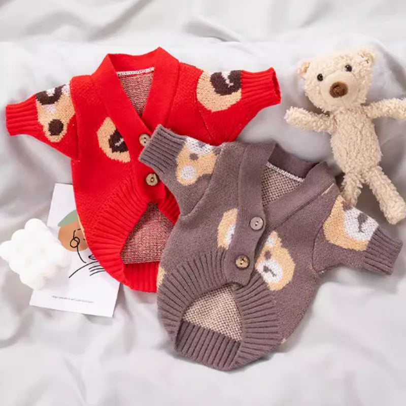 Handsome Teddy Bear Knit Dog or Cat Sweater for Cozy Winter Fireside & Pictures | Grey Red Brown