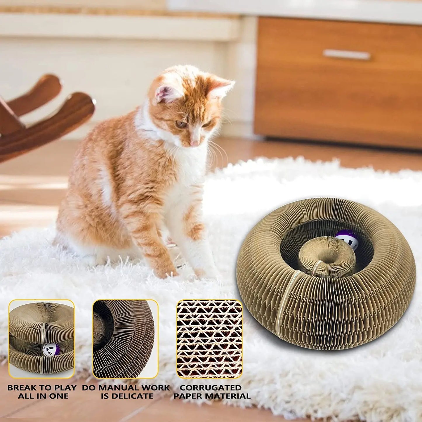 Magic Corrugated Cardboard Cat Scratcher | Round Toy with Ball