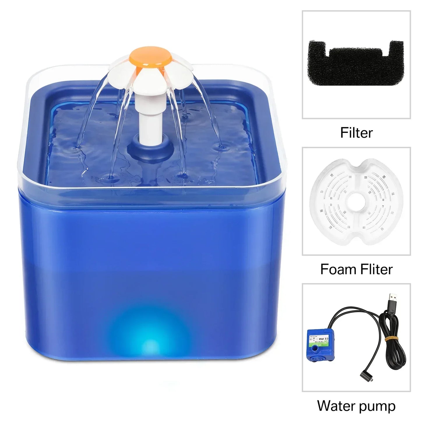 Pet Water Fountain 67oz/2L with LED Light | Blue or Grey