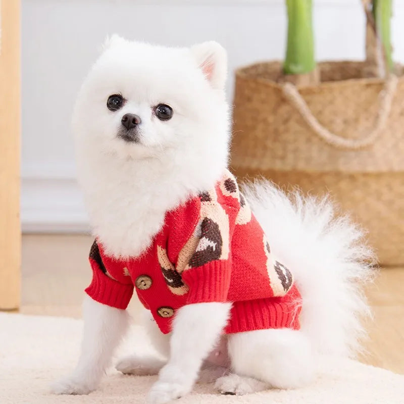 Handsome Teddy Bear Knit Dog or Cat Sweater for Cozy Winter Fireside & Pictures | Grey Red Brown