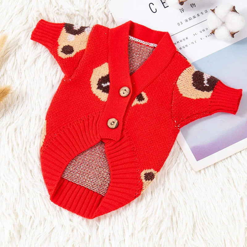 Handsome Teddy Bear Knit Dog or Cat Sweater for Cozy Winter Fireside & Pictures | Grey Red Brown