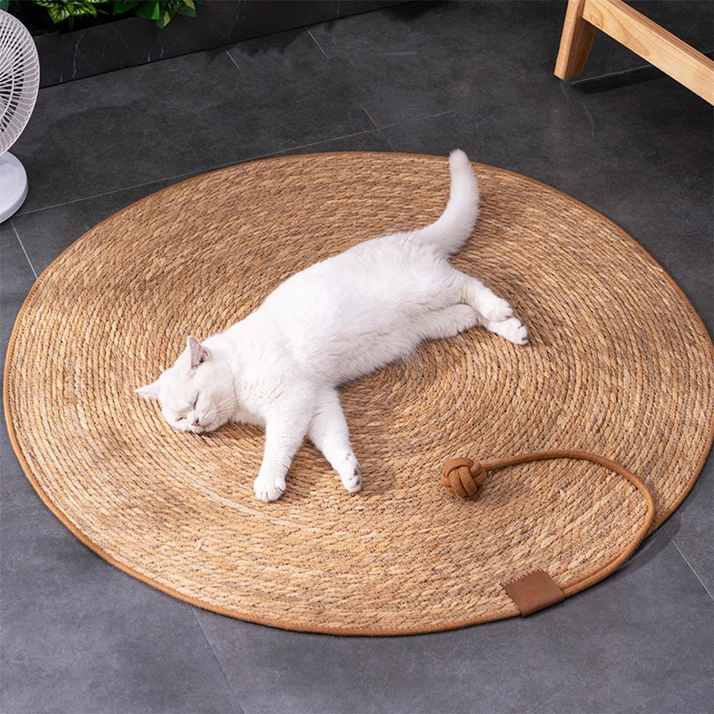 Natural Eco-Friendly Cat Scratcher Rattan Mat w/Attached Ball
