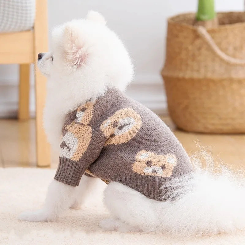 Handsome Teddy Bear Knit Dog or Cat Sweater for Cozy Winter Fireside & Pictures | Grey Red Brown