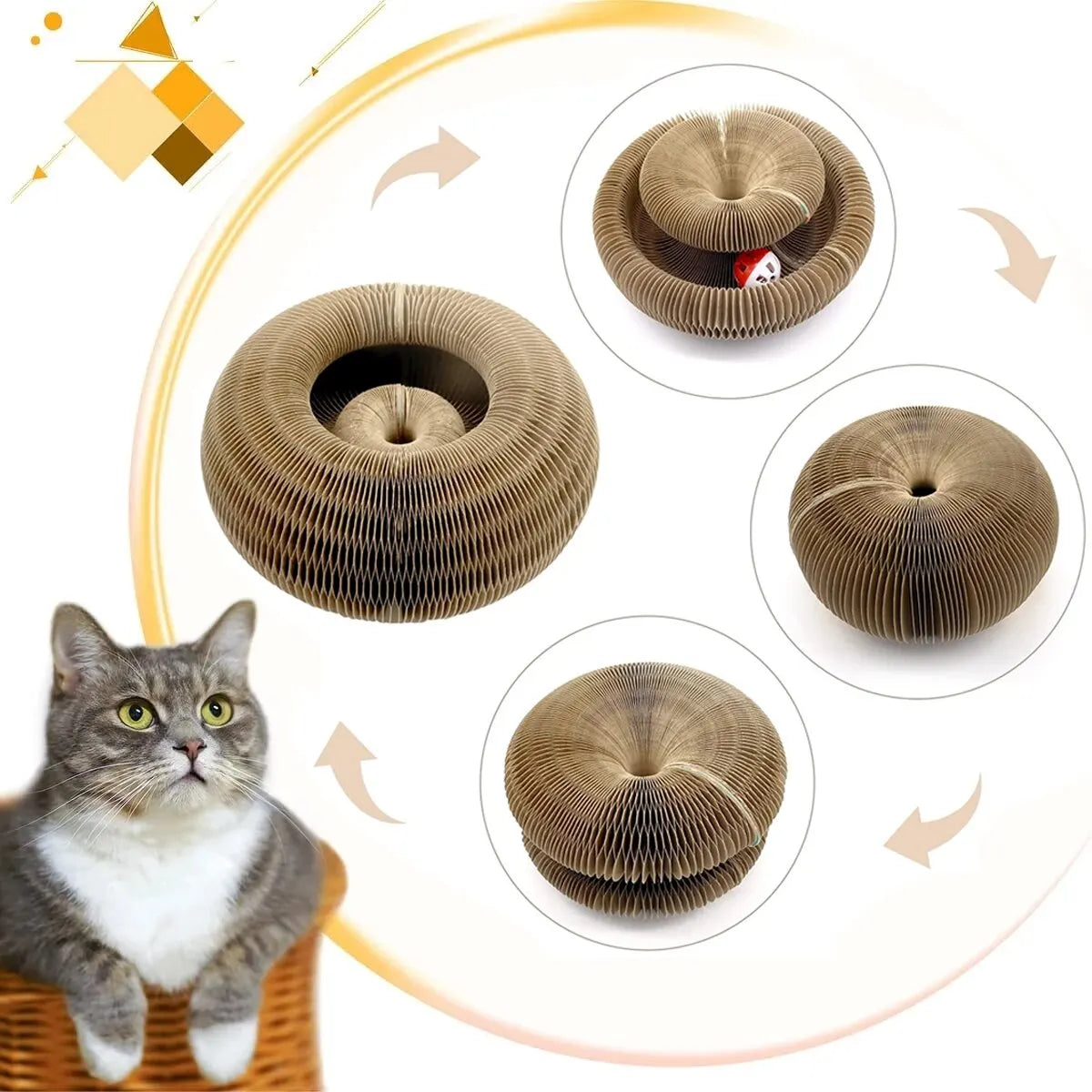 Magic Corrugated Cardboard Cat Scratcher | Round Toy with Ball