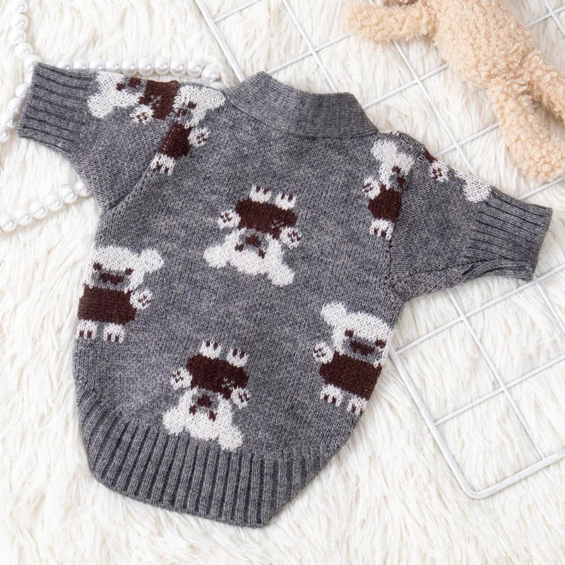 Handsome Teddy Bear Knit Dog or Cat Sweater for Cozy Winter Fireside & Pictures | Grey Red Brown