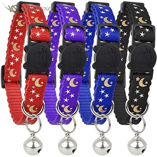 Adjustable Star & Moon Pattern Pet Collar with Bell - Breakaway Safety Feature for Cats and Dogs