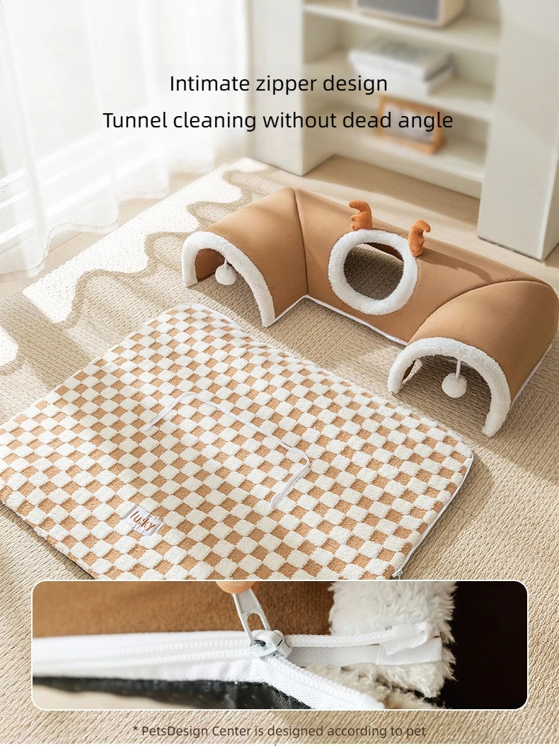 Fleece Warm Plush Cat Bed with Reindeer Appearance | Hide and Seek Cat Play Tunnel Play