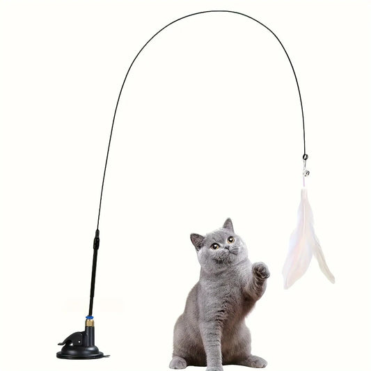 Cat Teaser Toy | Interactive Bell & Feather Wand | Long Suction Cup Pole | Ultimate Cat Toy