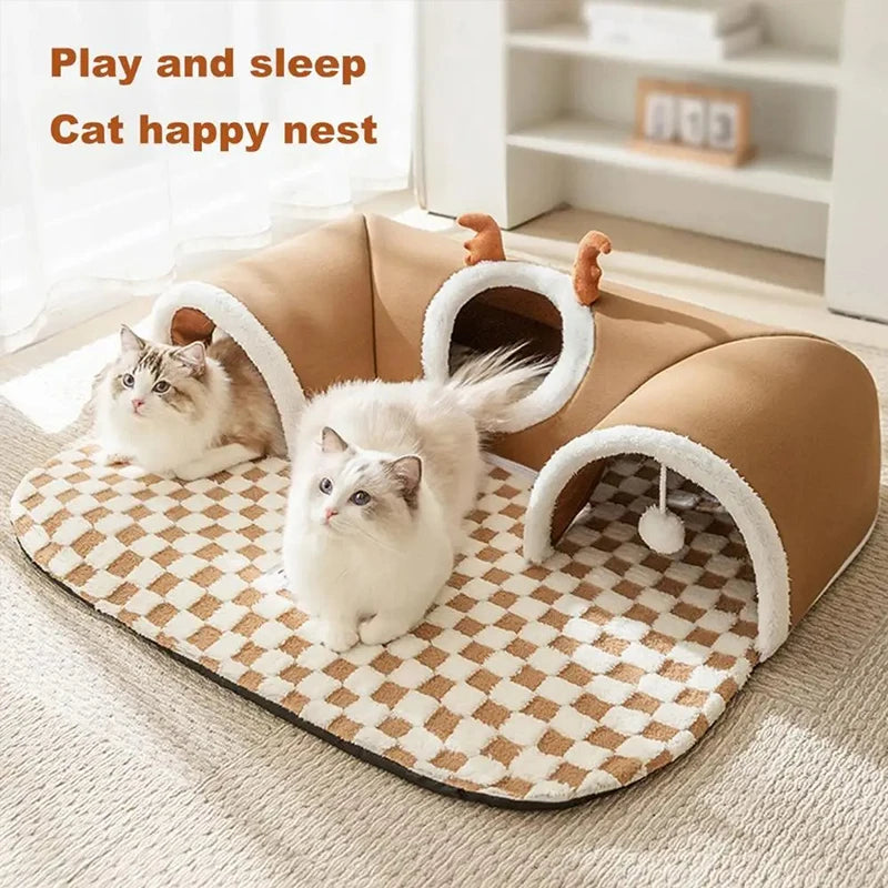 Fleece Warm Plush Cat Bed with Reindeer Appearance | Hide and Seek Cat Play Tunnel Play