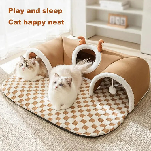 Fleece Warm Plush Cat Bed with Reindeer Appearance | Hide and Seek Cat Play Tunnel Play