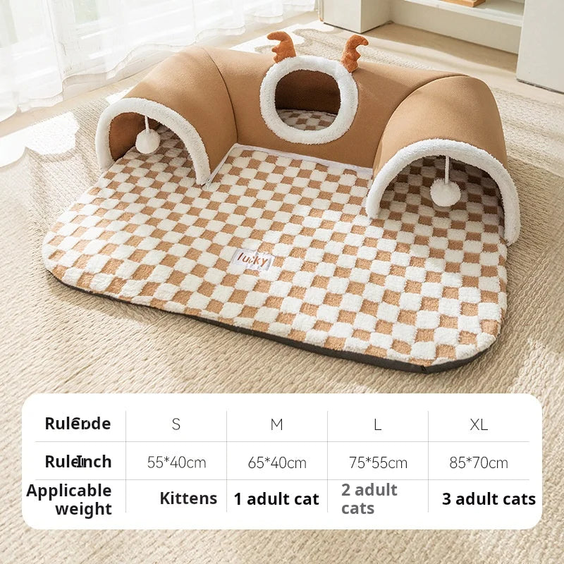Fleece Warm Plush Cat Bed with Reindeer Appearance | Hide and Seek Cat Play Tunnel Play