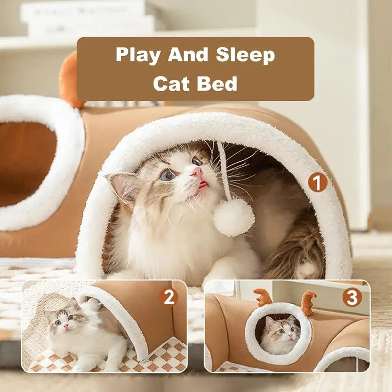 Fleece Warm Plush Cat Bed with Reindeer Appearance | Hide and Seek Cat Play Tunnel Play