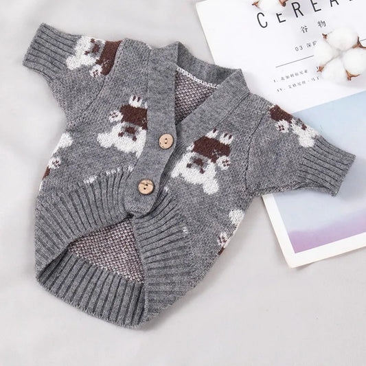 Handsome Teddy Bear Knit Dog or Cat Sweater for Cozy Winter Fireside & Pictures | Grey Red Brown